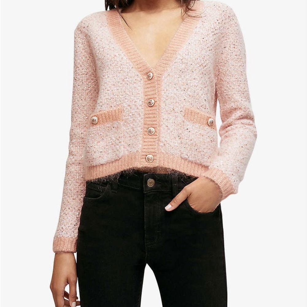 Maje Blush Sequin Cardigan Sweater
